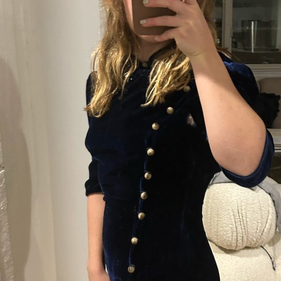 Saloni Taro Velvet Midi Dress Navy - Picture 7 of 8